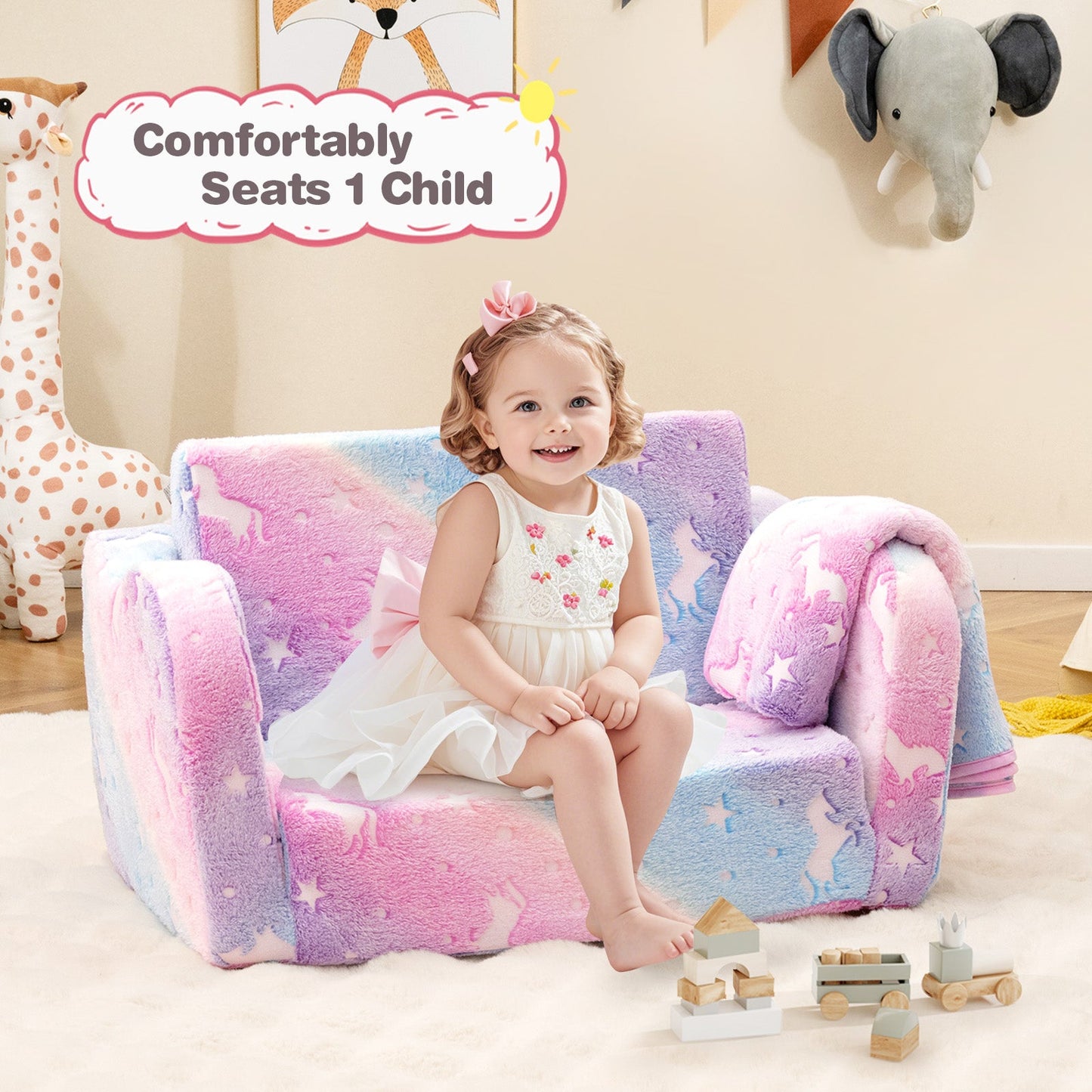2-in-1 Folding Kids Couch with Blanket Glow in the Dark