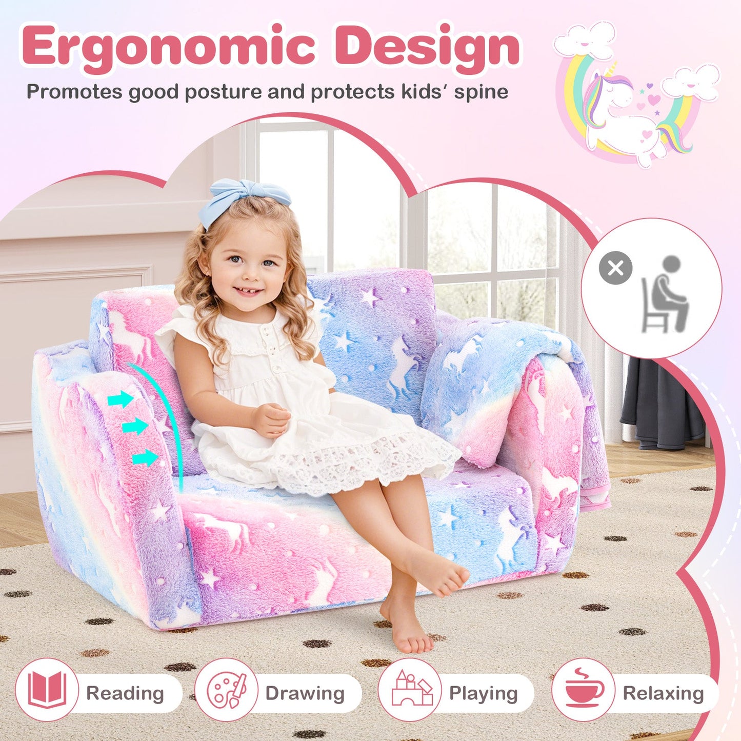 2-in-1 Folding Kids Couch with Blanket Glow in the Dark