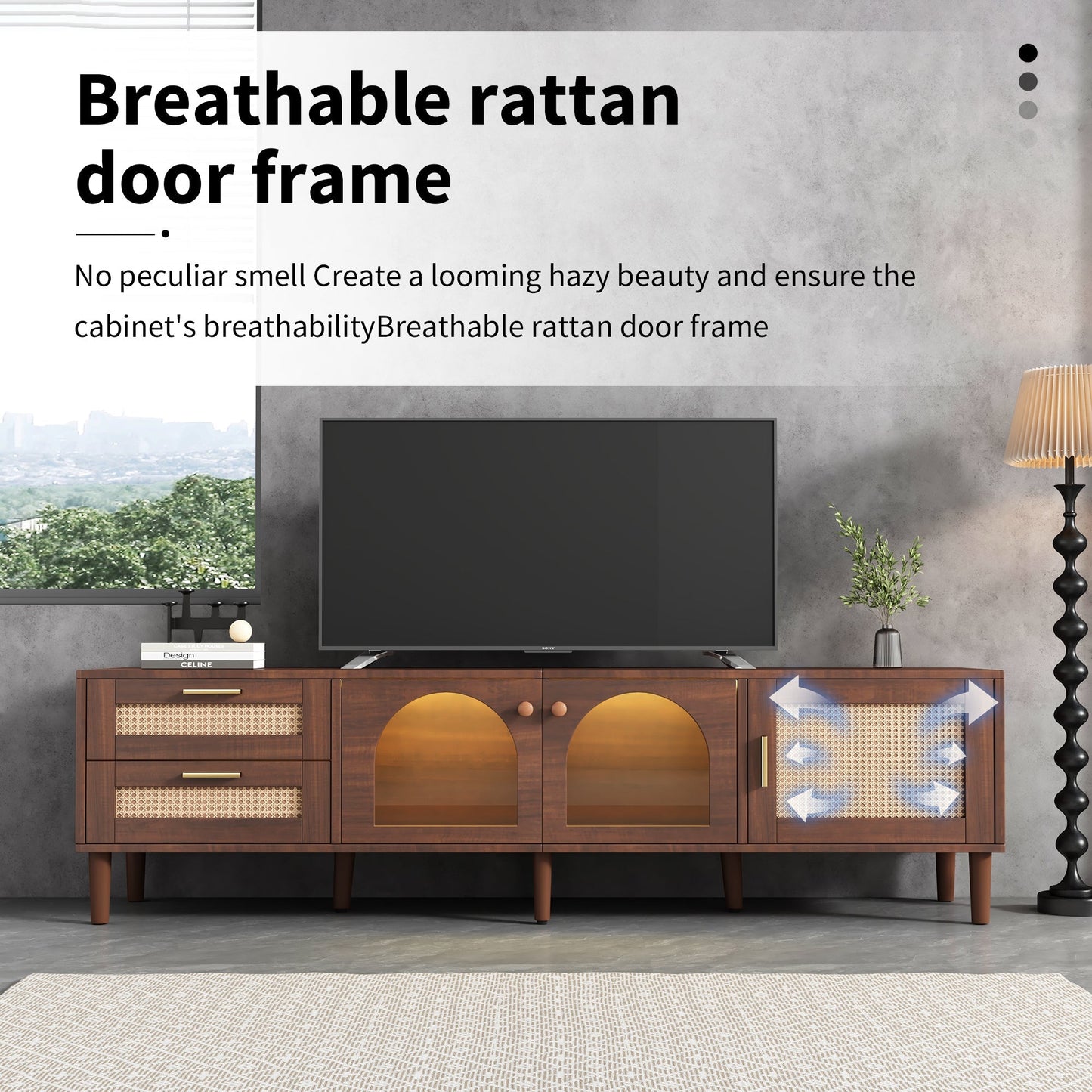 Rattan TV Stand with 3 Cabinets and 2 Drawers