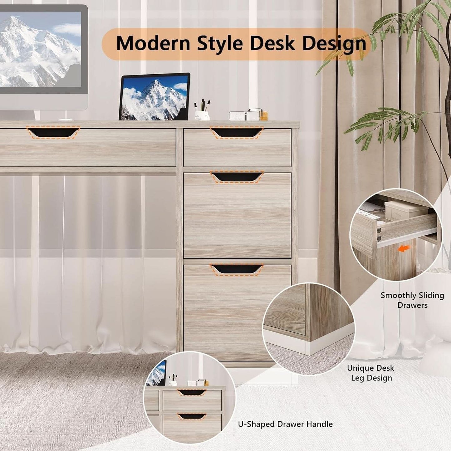 54 Inch Computer Desk With Storage Drawers White Walnut