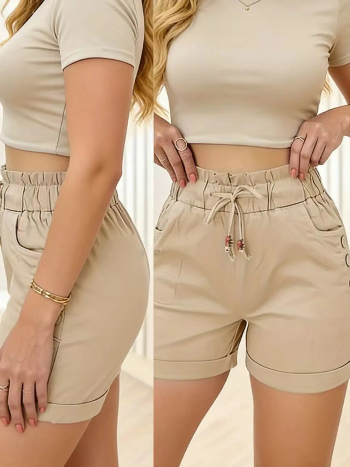 Stylish High-Waist Cinched-Waist Shorts for Women - Comfortable Summer Casuals Perfect for Everyday Wear