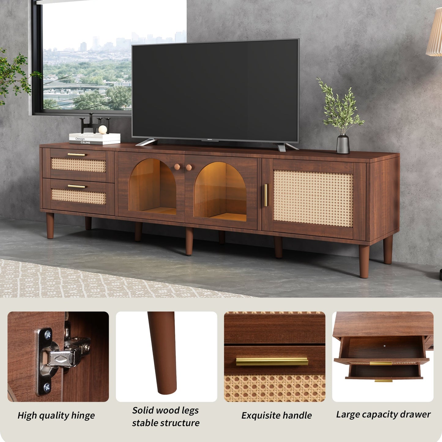 Rattan TV Stand with 3 Cabinets and 2 Drawers