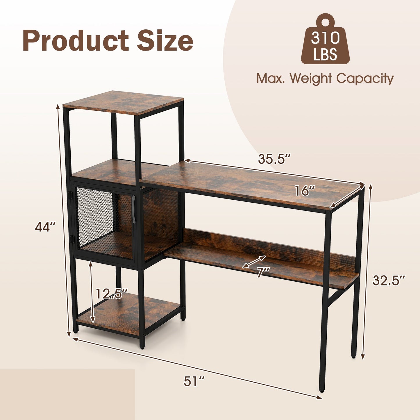 Computer Desk with Bookshelf Home Office Desk with Storage Cabinet and Shelves-Rustic Brown