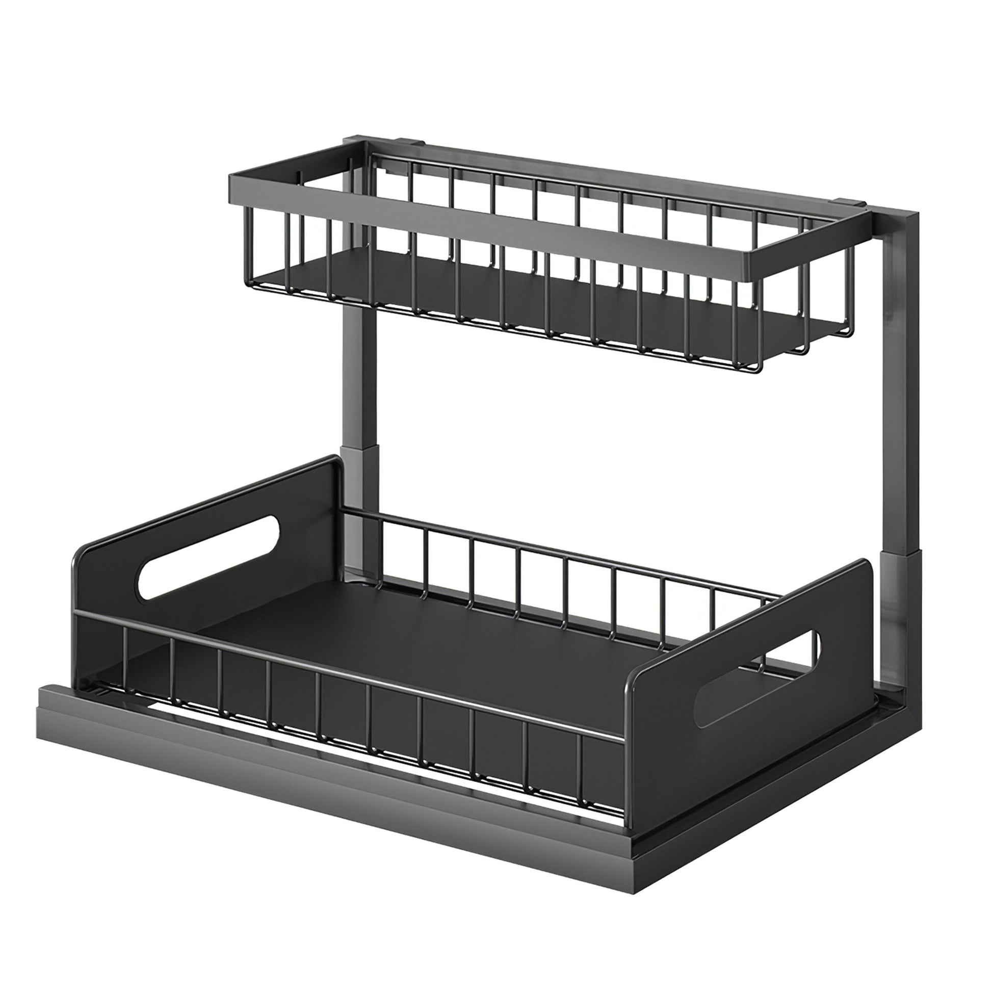 Black metal kitchen dish drying rack with two tiers on a white background