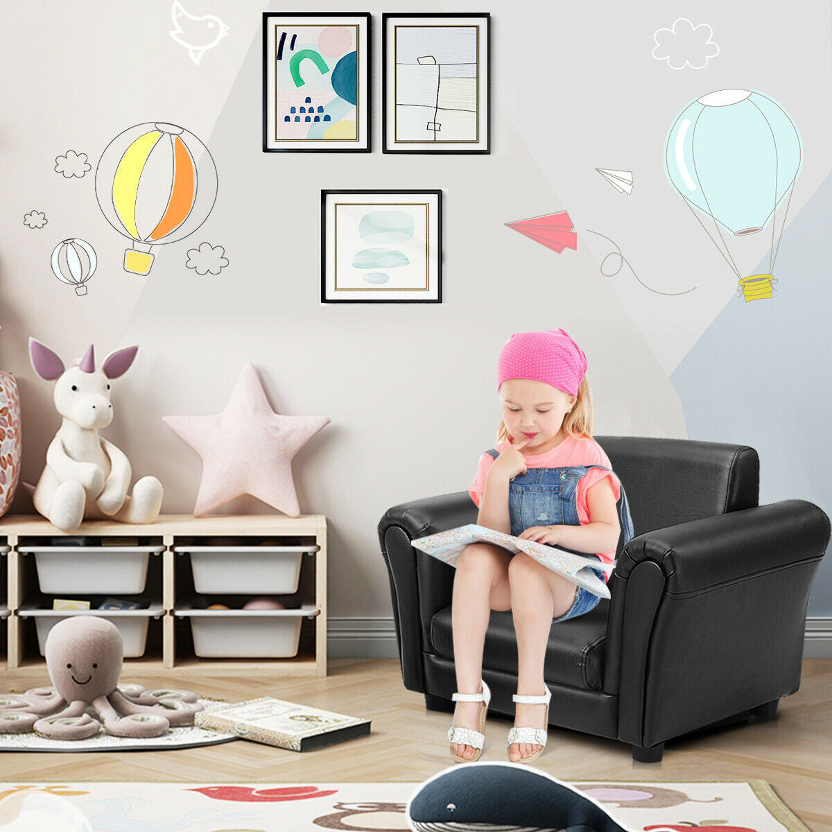 Kids Single Armrest Couch Sofa with Ottoman