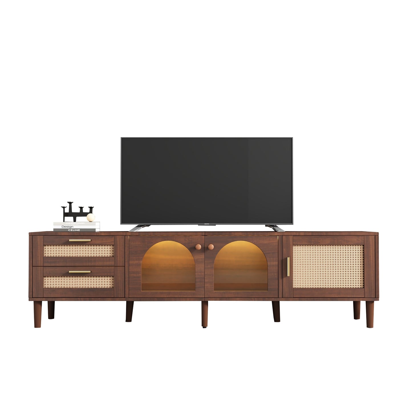 Rattan TV Stand with 3 Cabinets and 2 Drawers