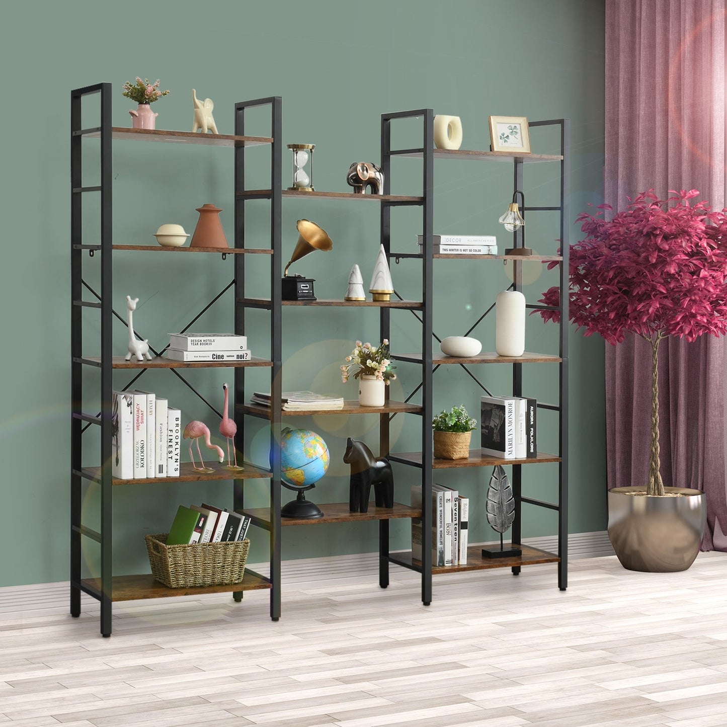 Vintage Triple Wide 5-Tier Bookcase Large Bookshelf Display Storage Shelf